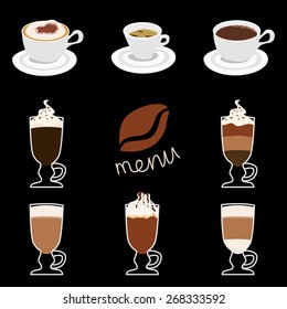 Coffee vector icon set menu. Coffee beverages types: espresso, mocha, mocaccino, americano, latte, cappuccino, glace, irish