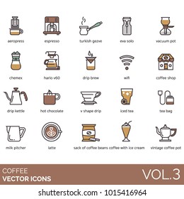 Coffee vector icons. Aeropress, espresso, turkish gezve/cezve, eva solo, vacuum pot, chemex, hario v60, drip brew, wifi, coffee pot, kettle, hot chocolate, v shape drip, iced tea, milk, latte, beans.