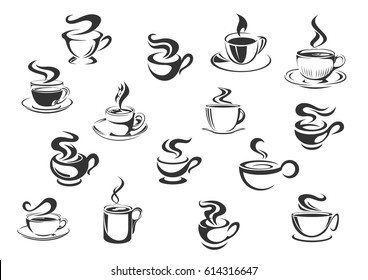 Coffee vector icons of vector espresso cup, cappuccino or moka mug, americano, ristretto or frappe, latte macchiato or hot chocolate drink. Isolated emblems set for cafe menu, cafeteria or coffeehouse