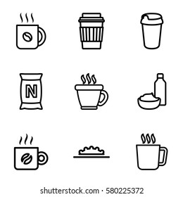 coffee vector icons. Set of 9 coffee outline icons such as mug, coffee, drink, drink and food, bag with ground