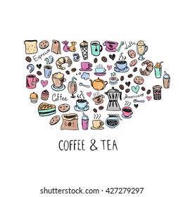 Coffee vector icons set. Coffee and tea hand drawn illustrations for cafe menu. Coffee cup drawing