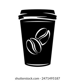 Vektorillustration mit Bohnen auf Papiertasse gedruckt. Cafes kreatives Logo oder Emblem. Kaffeebohnen auf dem Becher schwarze Vintage Art. Heißgetränk-Symbol für Menü oder Banner. Cappuccino Poser isoliert.