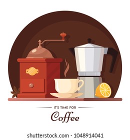 Coffee vector illustration. Composition with retro grinder, coffee pot, cup and lemon. Design element for cafe, menu, etc. Eps 10.