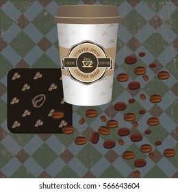 coffee vector illustration of coffee Cup and coffee beans lying on the table, coffee background,  card cafe