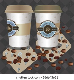 coffee vector illustration of coffee Cup and coffee beans lying on the table, coffee background,  card cafe