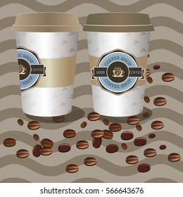 coffee vector illustration of coffee Cup and coffee beans lying on the table, coffee background,  card cafe
