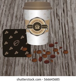 coffee vector illustration of coffee Cup and coffee beans lying on the table, coffee background,  card cafe