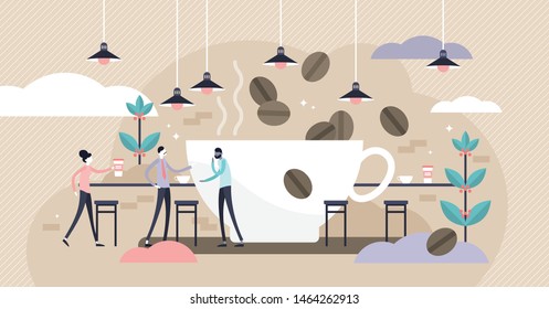 Coffee vector illustration. Flat tiny caffeine drink persons concept. Abstract brown morning cafe bar for espresso, cappuccino and tasty hot chocolate beverages. Business service for hipster lifestyle