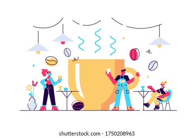 Coffee vector illustration. Flat tiny caffeine drink persons concept. Abstract brown morning cafe bar for espresso, cappuccino and tasty hot chocolate beverages. Business service for hipster lifestyle