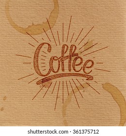 Coffee. Vector Illustration. Lettering Label With Light Rays And Coffee Blots
