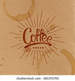 Coffee. Vector Illustration. Lettering Label With Light Rays And Coffee Blots. Coffee Break Concept