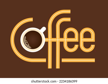 Coffee vector illustration logo or badge.
The word coffee in art deco retro retro custom lettering with coffee cup drawing. Perfect for packaging, branding or label.