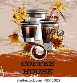 Coffee vector illustration with mugs and maple leafs. Coffee house