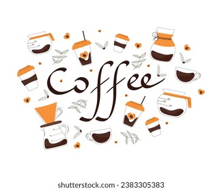 Coffee vector illustration on isolated background. Flat style, coffee lettering. Branches and coffee beans, paper cups, glass coffee carafes and cups. Light and dark shades of brown.