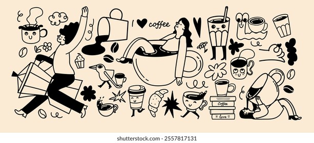 Coffee vector illustration set in trendy flat simple linear style, funny mascot and cartoon character, friendly sticker and badge for advertising, social media