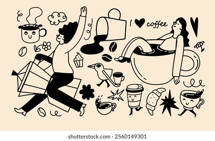 Coffee vector illustration set in trendy flat simple linear style, funny mascot and cartoon character, friendly sticker and badge for advertising, social media