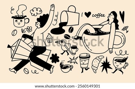 Coffee vector illustration set in trendy flat simple linear style, funny mascot and cartoon character, friendly sticker and badge for advertising, social media