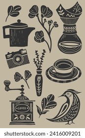 Ilustraciones de los vectores de café en el estilo de linocut. Estilo retro de los elementos, consistentes en molino de café, pulidor, taza, cámara, pájaro y elementos florales