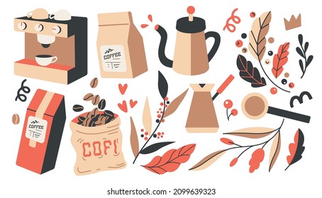 coffee vector illustrations simple minimalistic flat design style. design elements for projects, coffee bean packaging, different coffee preparing tools, trendy boho cafe branding doodles