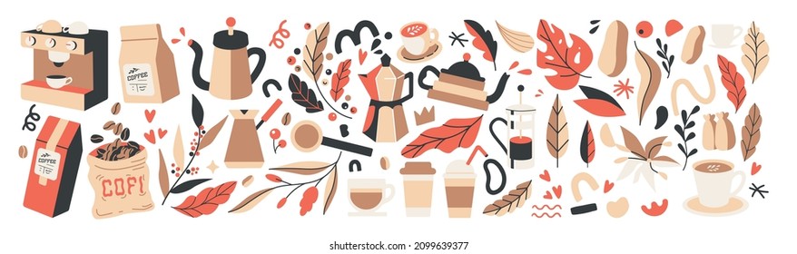 ilustraciones de vector de café simple estilo minimalista de diseño plano. elementos de diseño para proyectos, empaque de frijol de café, diferentes herramientas de preparación de café, doodles de marca boho de moda