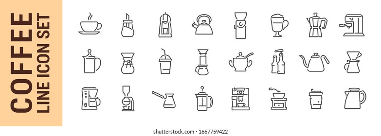 Coffee vector isolated line icon set. Coffe makers. Collection