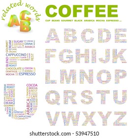 COFFEE. Vector letter collection. Wordcloud illustration.