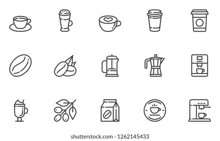 Coffee Vector Line Icons Set. Coffee Bean, Coffee Berry, Coffee Machine, Latte, Cappuccino, French Press. Editable Stroke. 48x48 Pixel Perfect.