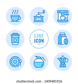Coffee vector line icons set. Coffee cup, cafe, shop, beans, disposable cup outline symbols. Modern simple stroke graphic elements. Round icons