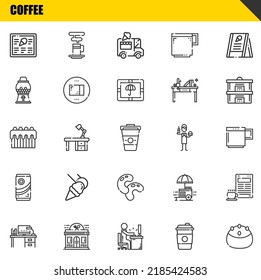 conjunto de iconos de línea de vector de café. menú, escritorio y bizcocho Icons. Diseño delgado de línea. Elementos gráficos de contorno modernos, símbolos de trazo simple ilustración de fondo