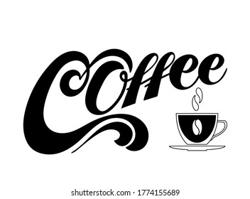 Coffee vector logo, typography, sign in black and white. Advertising poster or template design. Modern lettering logotype, coffee signboard. Design elements. Vector illustration.