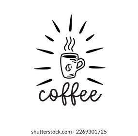 Coffee. Vector logo word. Design for poster, flyer, banner, menu cafe. Hand drawn calligraphy text. Typography coffee logo. Signboard icon coffee. Black and white illustration with cup.