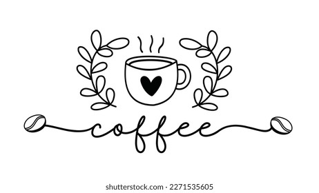 Coffee. Vector logo word. Design for poster, flyer, banner, menu cafe. Hand drawn calligraphy text. Typography coffee logo. Signboard icon coffee. Black and white illustration with cup.