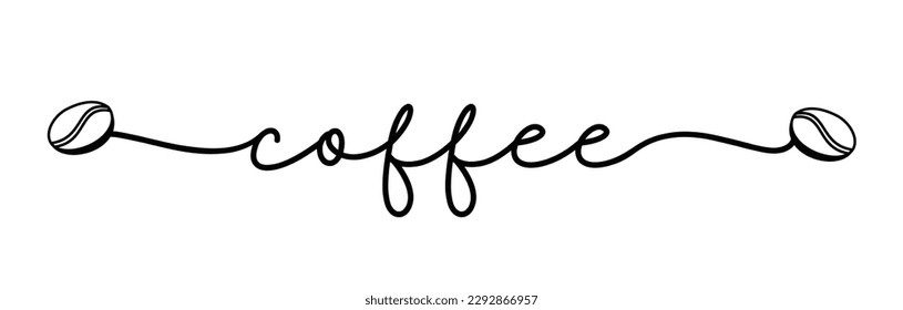 Coffee. Vector logo word. Design for poster, flyer, banner, menu cafe. Hand drawn text. Typography coffee logo. Horizontal inscription script coffee. Black text illustration with coffee bean.