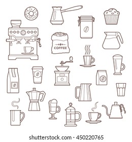 Coffee vector outline icon set on white background
