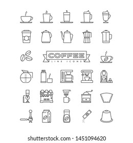 Coffee vector outline icons set. Collection of symbols related to coffee preparation and drinking.