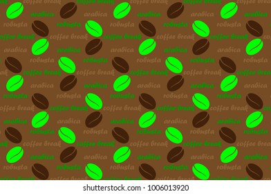 Coffee vector pattern - brown and green pattern with text, Coffee beans with  text arabica, robusta and coffee break