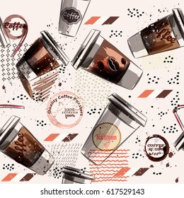Coffee vector pattern with brown hand drawn mugs and spots