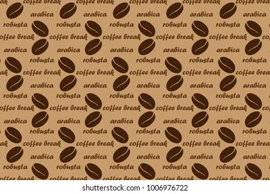Coffee vector pattern - brown pattern with text, Coffee beans with  text arabica, robusta and coffee break