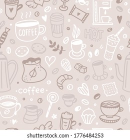 Coffee vector pattern. Seamless coffee background. Digital paper with coffee cups, drinks and sweet desserts