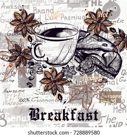 Coffee vector poster background with engraved coffee cups, grains. New York breakfast
