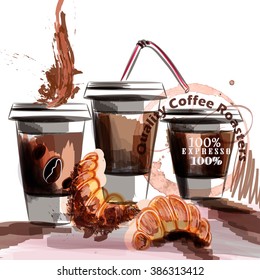 Coffee vector poster with coffee plastic cups and croissant painted in watercolor style fresh morning breakfast