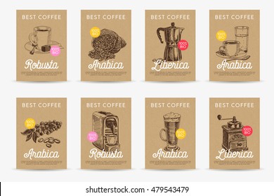 Coffee vector poster set. llustrations in sketch style. Cards collection. Hand drawn design elements.