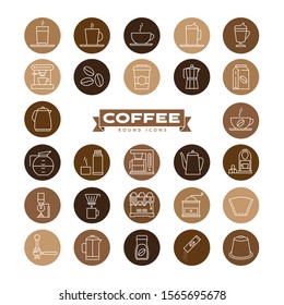 Iconos redondos vectoriales en tonos marrones. Colección de símbolos relacionados con la preparación del café y la bebida. Colores globales.