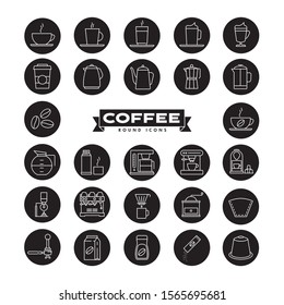 Coffee vector round icons set. Collection of symbols related to coffee preparation and drinking.