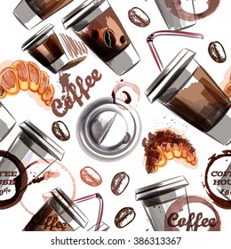 Coffee vector seamless background  with coffee plastic cups and croissant painted in watercolor style