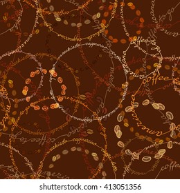 Coffee vector seamless pattern background. Coffee beans and calligraphy circles. Espresso, cappuccino, americano coffee calligraphy handwritten texture, coffee packaging, coffee wrapping paper, menu.