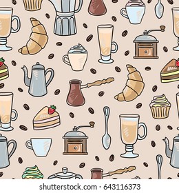 Coffee vector seamless pattern. Background for cafe with coffee cups and desserts