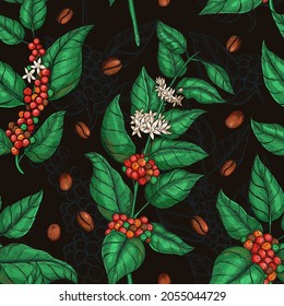 Coffee vector seamless pattern. Seamless floral art print with coffee beans, leaves, for fabric, wallpaper, gift wrap, product packaging. Design textile illustration with coffee plant, vintage style. 