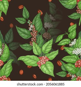 Coffee vector seamless pattern. Seamless floral art print with coffee beans, leaves for fabric, wallpaper, gift wrap, product packaging. Design textile vintage illustration with coffee plant. 