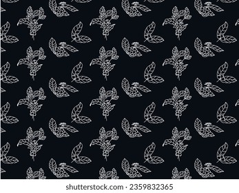 coffee vector seamless pattern. Nature tree, coffee branch, leaf, bean, flower black and white concept